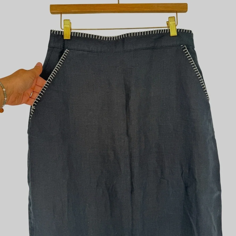 Rachel Zoe Flax Linen Midi Skirt 6 Black Blanket Stitch Minimalist Quiet‎ Luxury